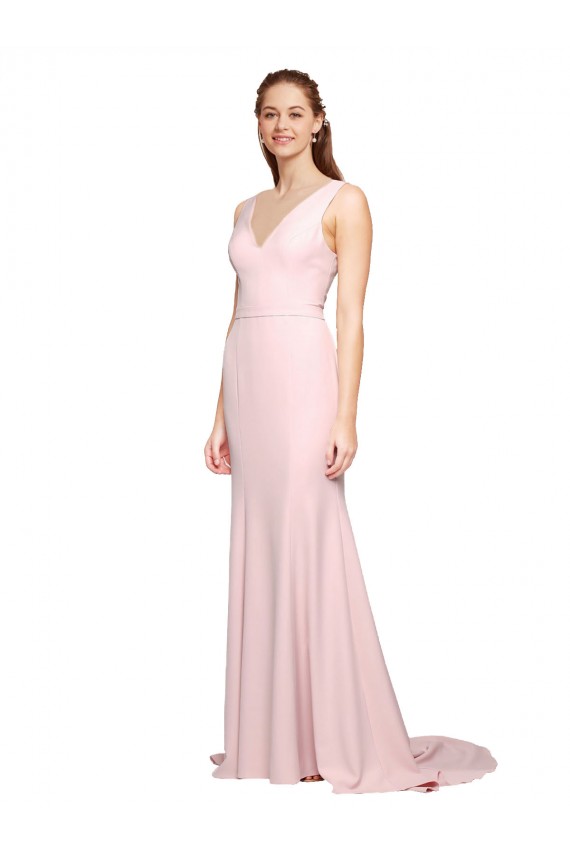 A-Line V-Neck Stretch Crepe Sweep Train Pink Black Tie Prom Dress Canada