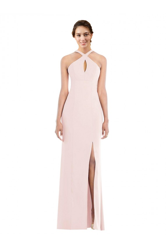 Trumpet Halter Neck Stretch Crepe Long Pink Sleeveless Prom Dress Canada