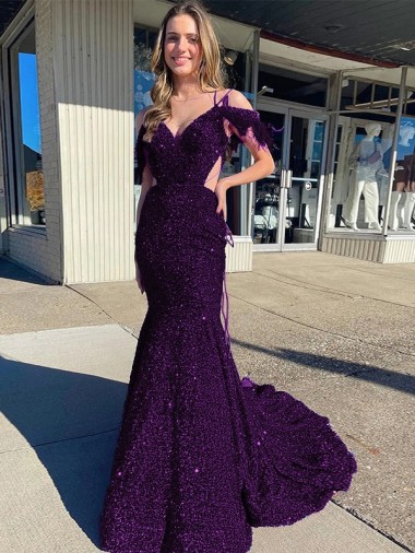 Sheath V-Neck Velvet Sequins Court Train Plum Purple Velvet Sequin Prom Dress Canada