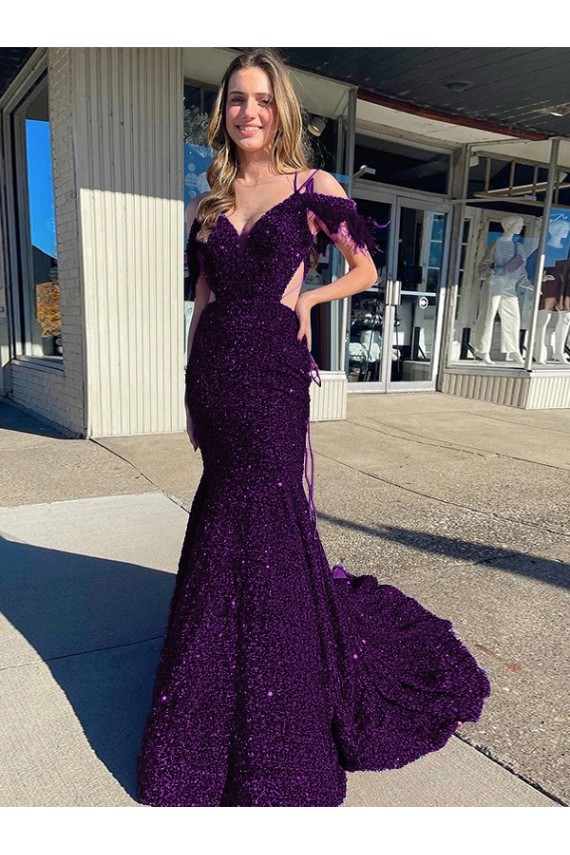 Sheath V-Neck Velvet Sequins Court Train Plum Purple Velvet Sequin Prom Dress Canada