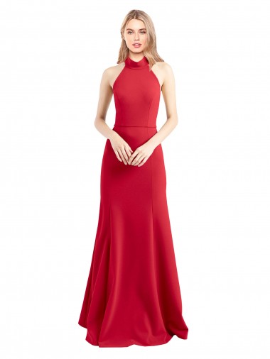 A-Line Halter Neck Stretch Crepe Long Red Prom Dress Canada