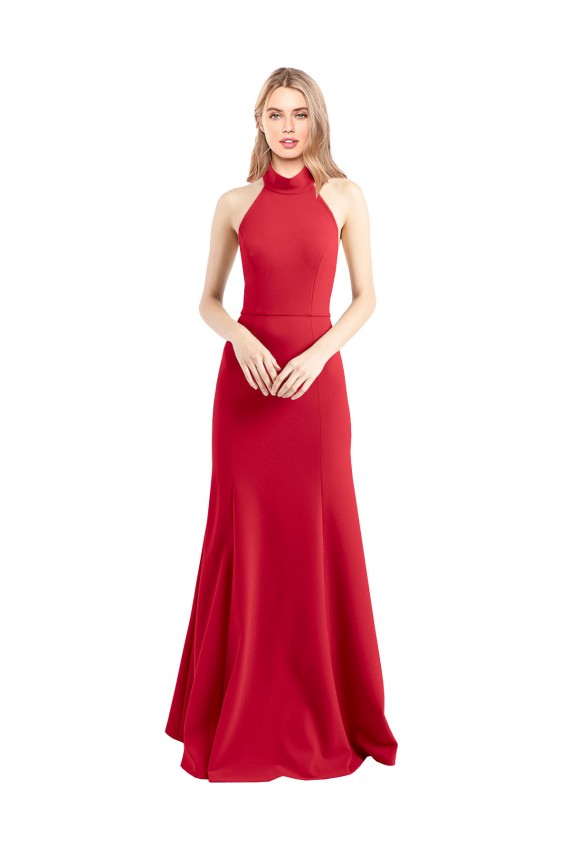 A-Line Halter Neck Stretch Crepe Long Red Prom Dress Canada