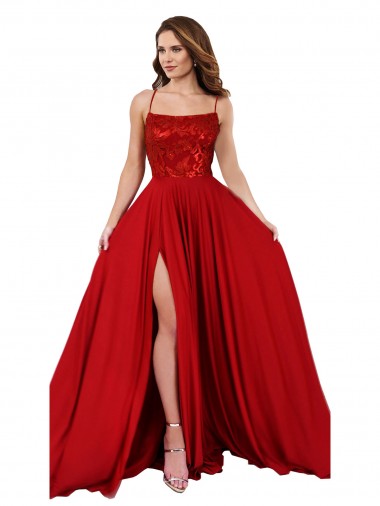 A-Line Square Neck Spandex & Lace Long Red Prom Dress Canada