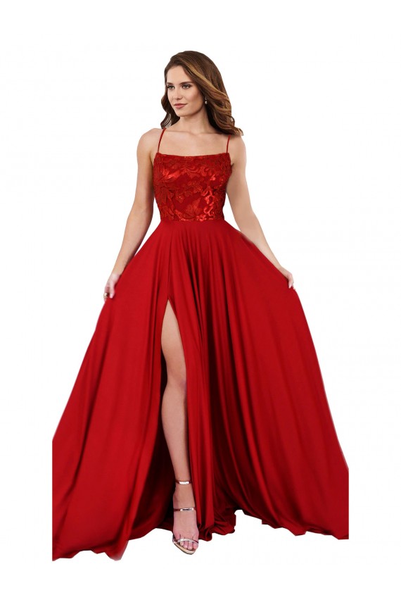 A-Line Square Neck Spandex & Lace Long Red Prom Dress Canada