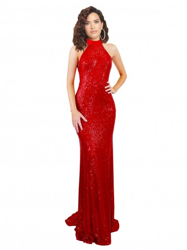 Mermaid High Neck Sequin Long Red Prom Dress Canada