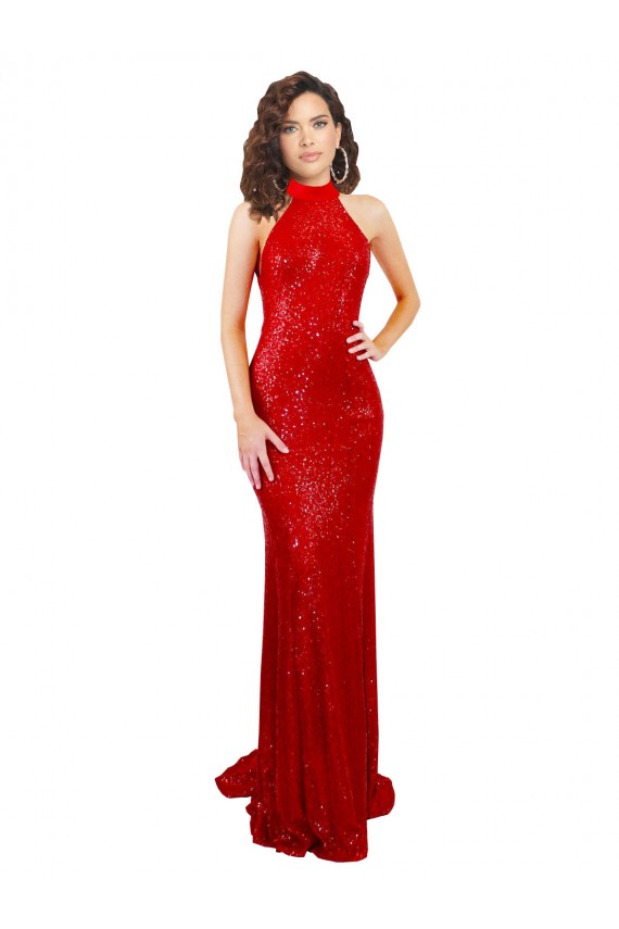 Mermaid High Neck Sequin Long Red Prom Dress Canada