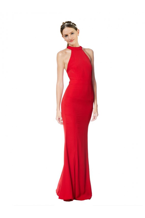 Mermaid Halter Neck Stretch Crepe Long Red Sleeveless Prom Dress Canada
