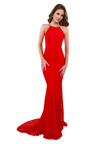 Mermaid High Neck Lace Long Red Prom Dress Canada