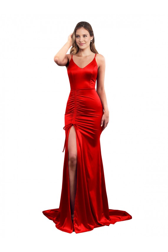 Mermaid Sweetheart Stretch Satin Long Red Sleeveless Prom Dress Canada
