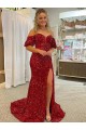 Sheath Off the Shoulder Velvet Sequins Court Train Red Velvet Sequin Prom Dress Canada