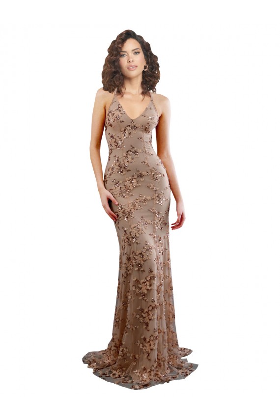 Mermaid High Neck Stretch Crepe & Sequin Tulle Long Rose Gold Prom Dress Canada