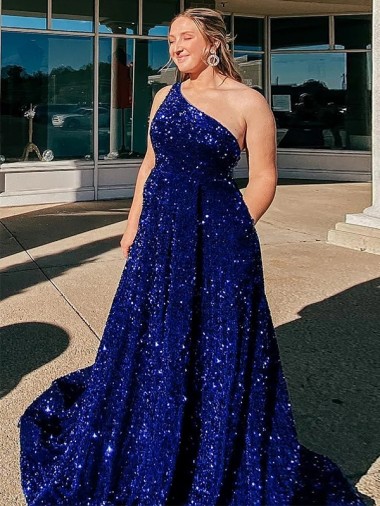 A-Line One Shoulder Velvet Sequins Sweep Train Royal Blue Velvet Sequin Prom Dress Canada