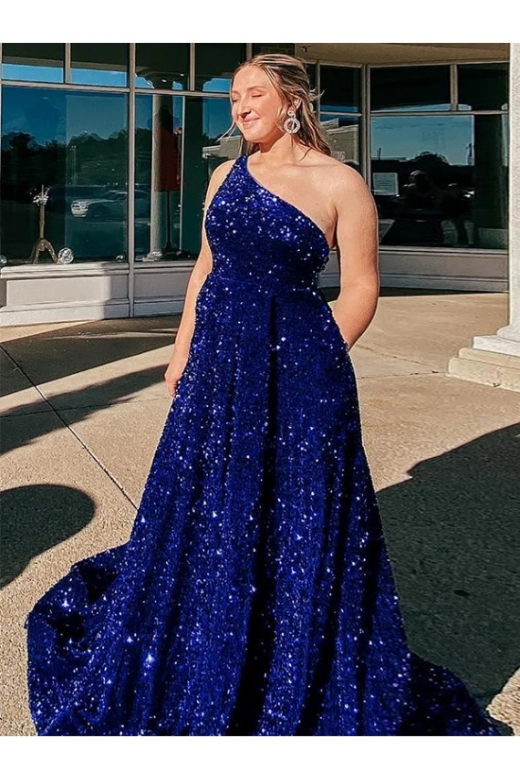 A-Line One Shoulder Velvet Sequins Sweep Train Royal Blue Velvet Sequin Prom Dress Canada