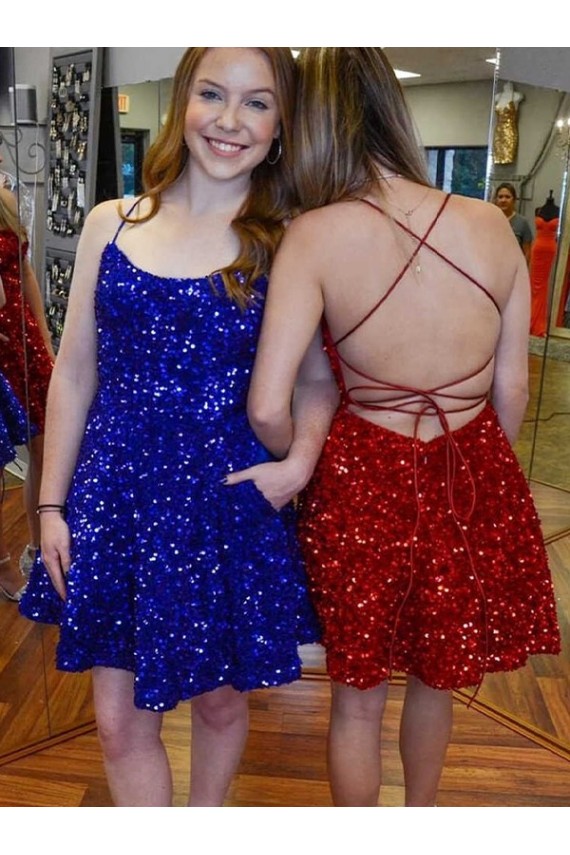 A-Line Spaghetti Straps Velvet Sequins Short Royal Blue Velvet Sequin Prom Dress Canada
