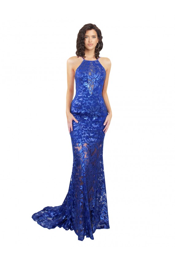 Mermaid High Neck Lace Long Royal Blue Prom Dress Canada