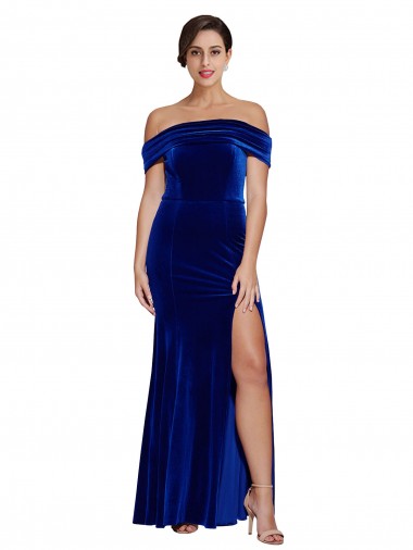 Mermaid Off the Shoulder Stretch Velvet Long Royal Blue Prom Dress Canada