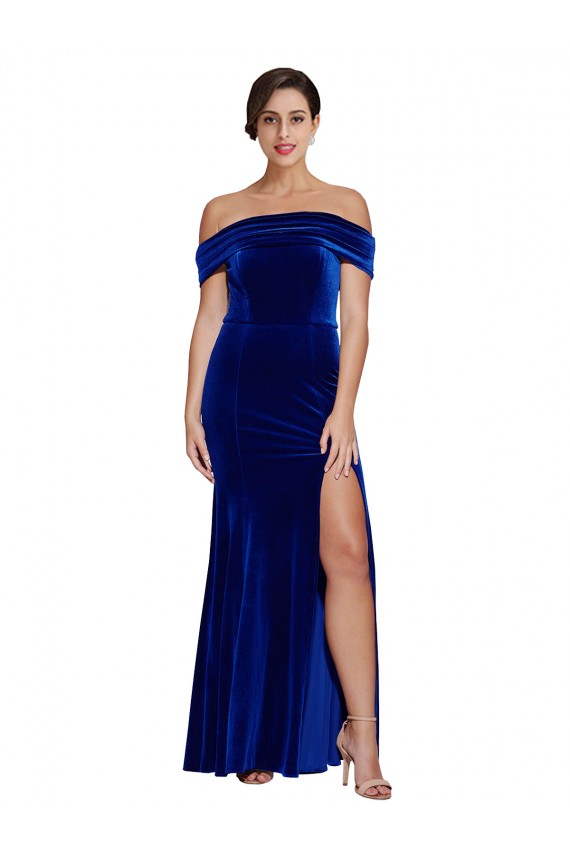 Mermaid Off the Shoulder Stretch Velvet Long Royal Blue Prom Dress Canada