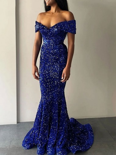 Mermaid Off the Shoulder Velvet Sequins Sweep Train Royal Blue Velvet Sequin Prom Dress Canada