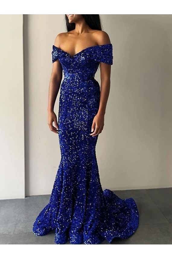 Mermaid Off the Shoulder Velvet Sequins Sweep Train Royal Blue Velvet Sequin Prom Dress Canada