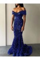 Mermaid Off the Shoulder Velvet Sequins Sweep Train Royal Blue Velvet Sequin Prom Dress Canada