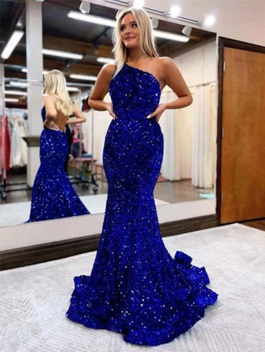 Mermaid One Shoulder Velvet Sequins Sweep Train Royal Blue Velvet Sequin Prom Dress Canada
