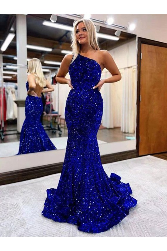 Mermaid One Shoulder Velvet Sequins Sweep Train Royal Blue Velvet Sequin Prom Dress Canada