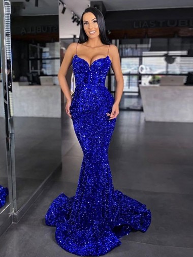 Mermaid Spaghetti Straps Velvet Sequins Sweep Train Royal Blue Velvet Sequin Prom Dress Canada