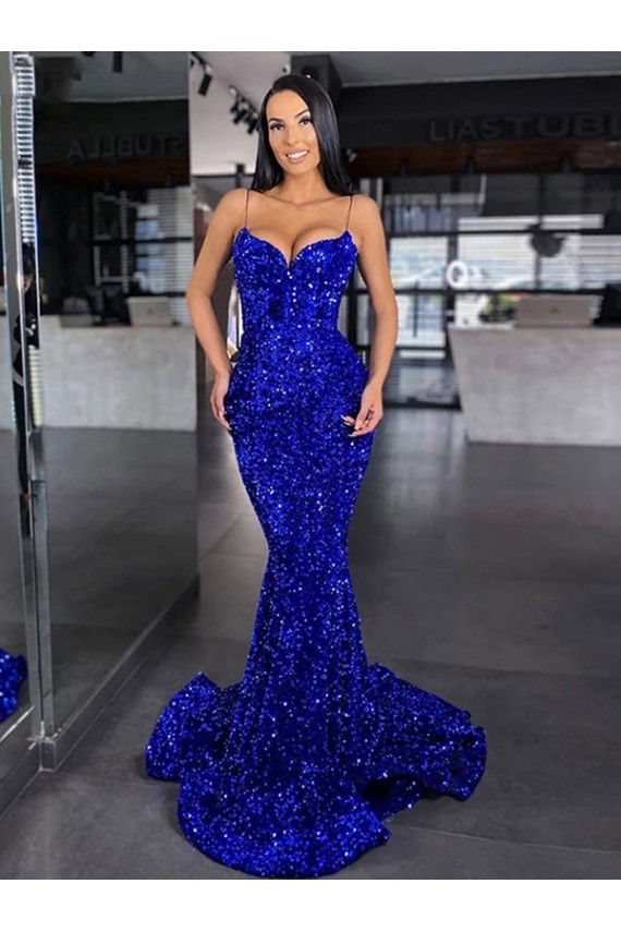 Mermaid Spaghetti Straps Velvet Sequins Sweep Train Royal Blue Velvet Sequin Prom Dress Canada