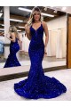 Mermaid V-Neck Velvet Sequins Court Train Royal Blue Velvet Sequin Prom Dress Canada