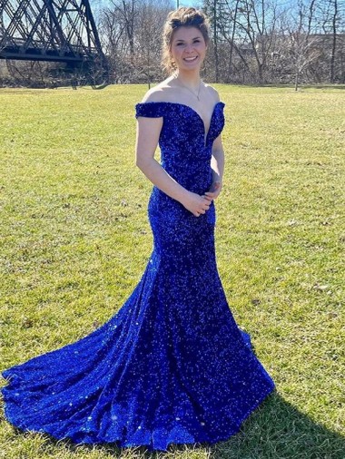 Sheath Off the Shoulder Velvet Sequins Sweep Train Royal Blue Velvet Sequin Prom Dress Canada