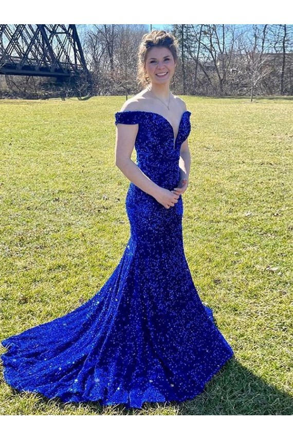 Sheath Off the Shoulder Velvet Sequins Sweep Train Royal Blue Velvet Sequin Prom Dress Canada