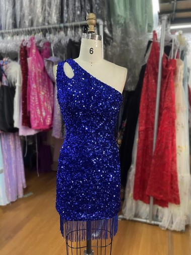 Sheath One Shoulder Velvet Sequins Short Royal Blue Prom Dress Canada