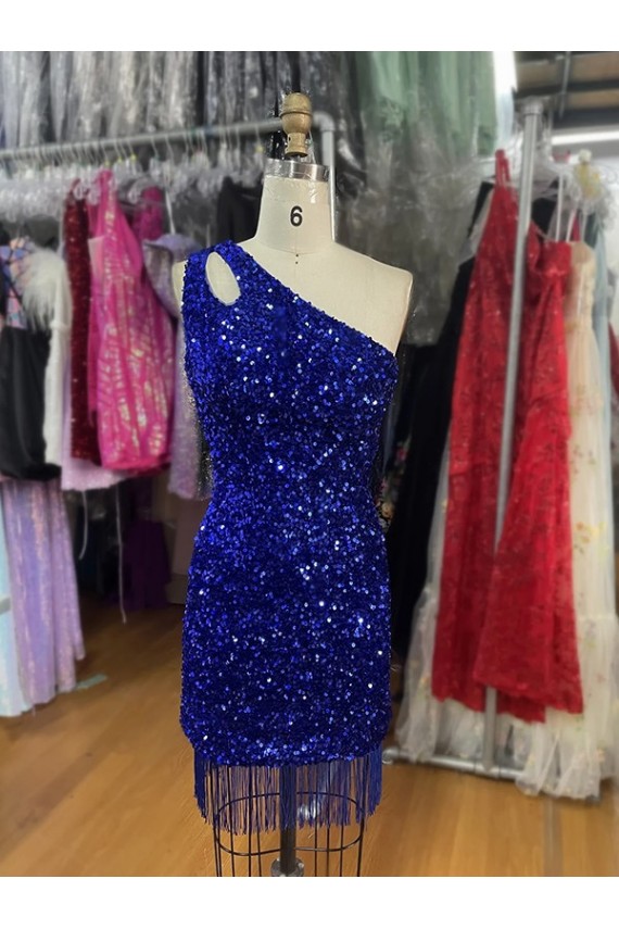 Sheath One Shoulder Velvet Sequins Short Royal Blue Prom Dress Canada