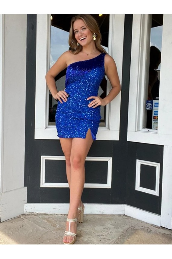 Sheath One Shoulder Velvet Sequin Short Royal Blue Prom Dress Canada