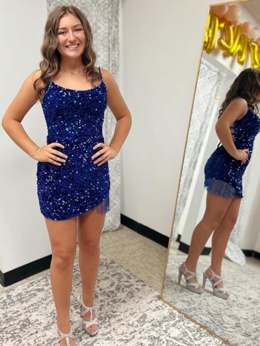 Sheath Spaghetti Straps Velvet Sequins Short Royal Blue Velvet Sequin Prom Dress Canada