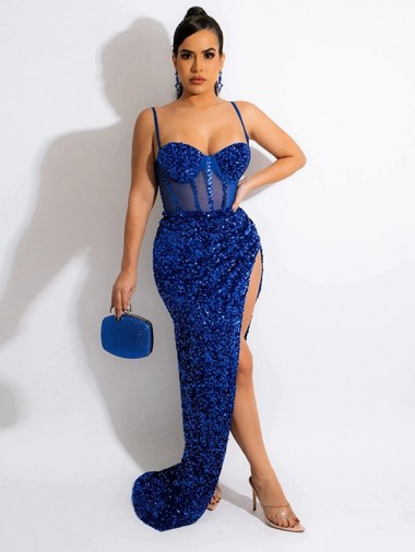 Sheath Spaghetti Straps Velvet Sequin Sweep Train Royal Blue Sleeveless Prom Dress Canada