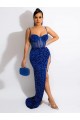 Sheath Spaghetti Straps Velvet Sequin Sweep Train Royal Blue Sleeveless Prom Dress Canada