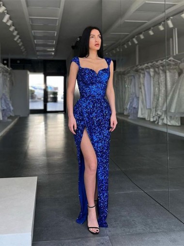 Sheath Spaghetti Straps Velvet Sequin Sweep Train Royal Blue Prom Dress Canada