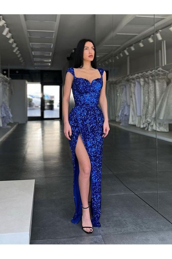 Sheath Spaghetti Straps Velvet Sequin Sweep Train Royal Blue Prom Dress Canada