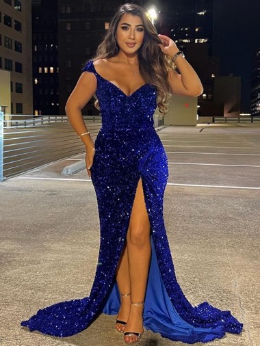 Sheath V-Neck Velvet Sequins Sweep Train Royal Blue Velvet Sequin Dress Canada