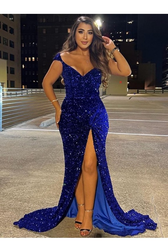 Sheath V-Neck Velvet Sequins Sweep Train Royal Blue Velvet Sequin Dress Canada
