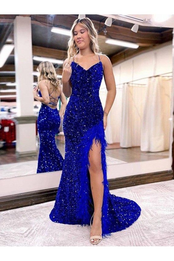Sheath V-Neck Velvet Sequin Sweep Train Royal Blue Sleeveless Prom Dress Canada