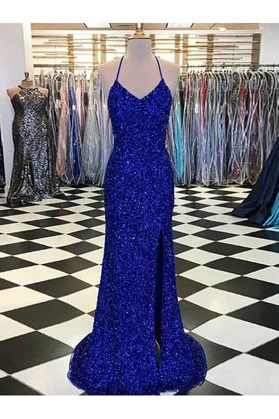 Sheath V-Neck Velvet Sequin Sweep Train Royal Blue Prom Dress Canada