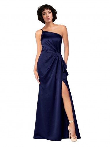 A-Line One Shoulder Silk like Satin Long Sapphire Black Tie Prom Dress Canada
