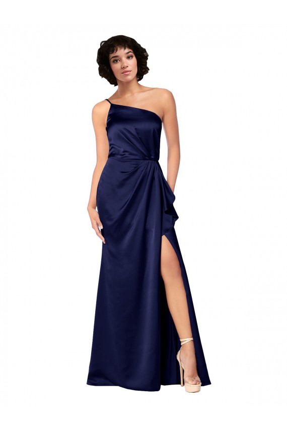 A-Line One Shoulder Silk like Satin Long Sapphire Black Tie Prom Dress Canada