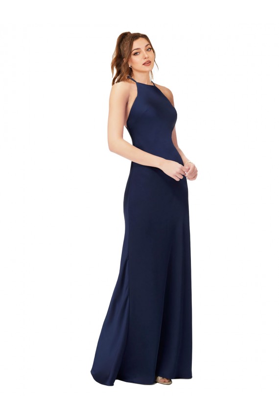 Sheath High Neck Silk like Satin Long Sapphire Prom Dress Canada