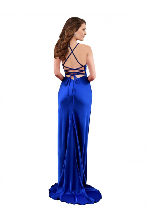 Sheath Cowl Neck Silk like Satin Long Royal Blue Prom Dress Canada