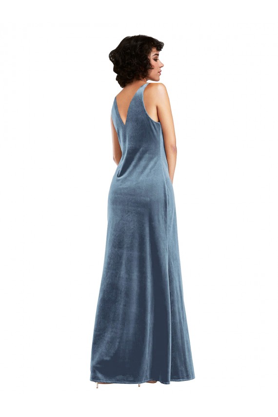 Sheath Cowl Neck Stretch Velvet Long Dusty Blue Sleeveless Prom Dress Canada
