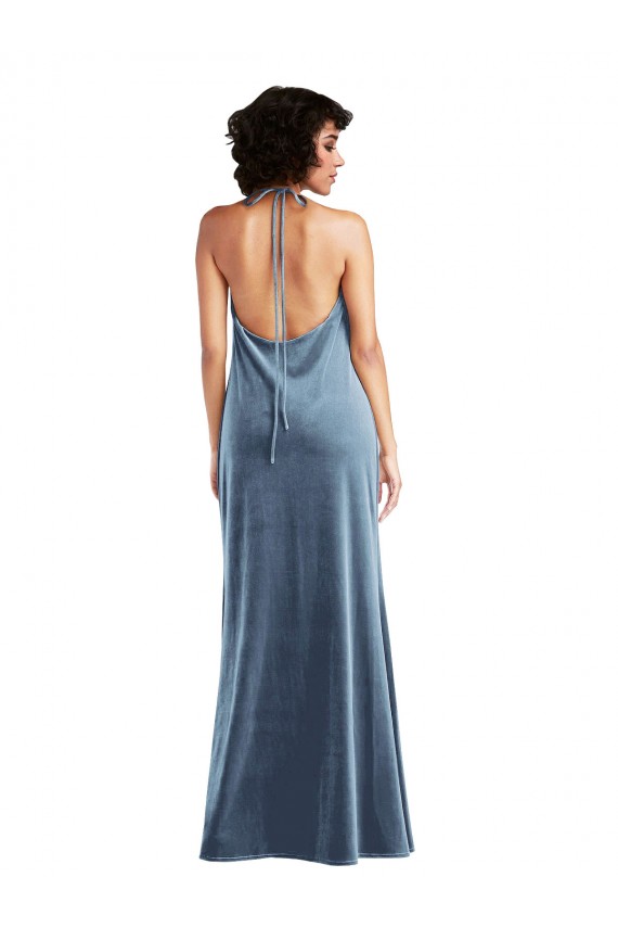 Sheath Cowl Neck Stretch Velvet Long Dusty Blue Prom Dress Canada
