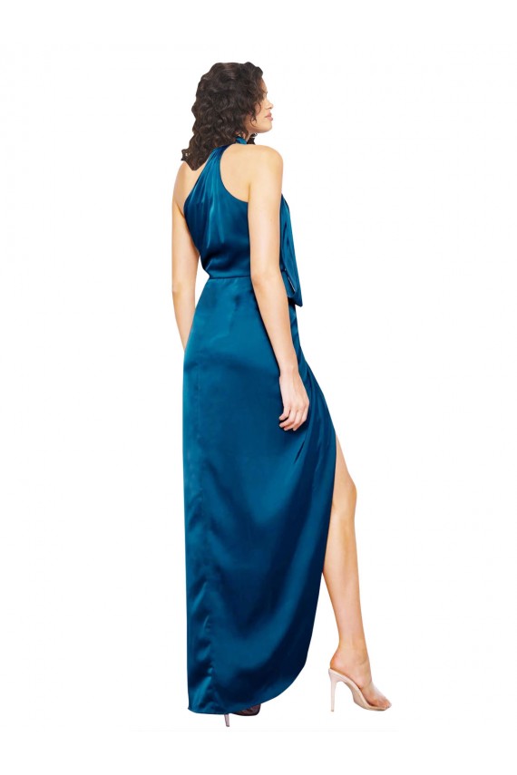 Sheath High Neck Silk like Satin Long Peacock Blue Prom Dress Canada